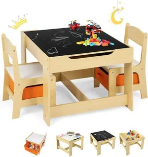 Juego de Mesa y 2 Sillas Infantil 3 en 1, con Pizarra para Niños, Mueble Infantil con Cajon de Almacenamiento Que Ahorra Espacio, Madera, Naranja