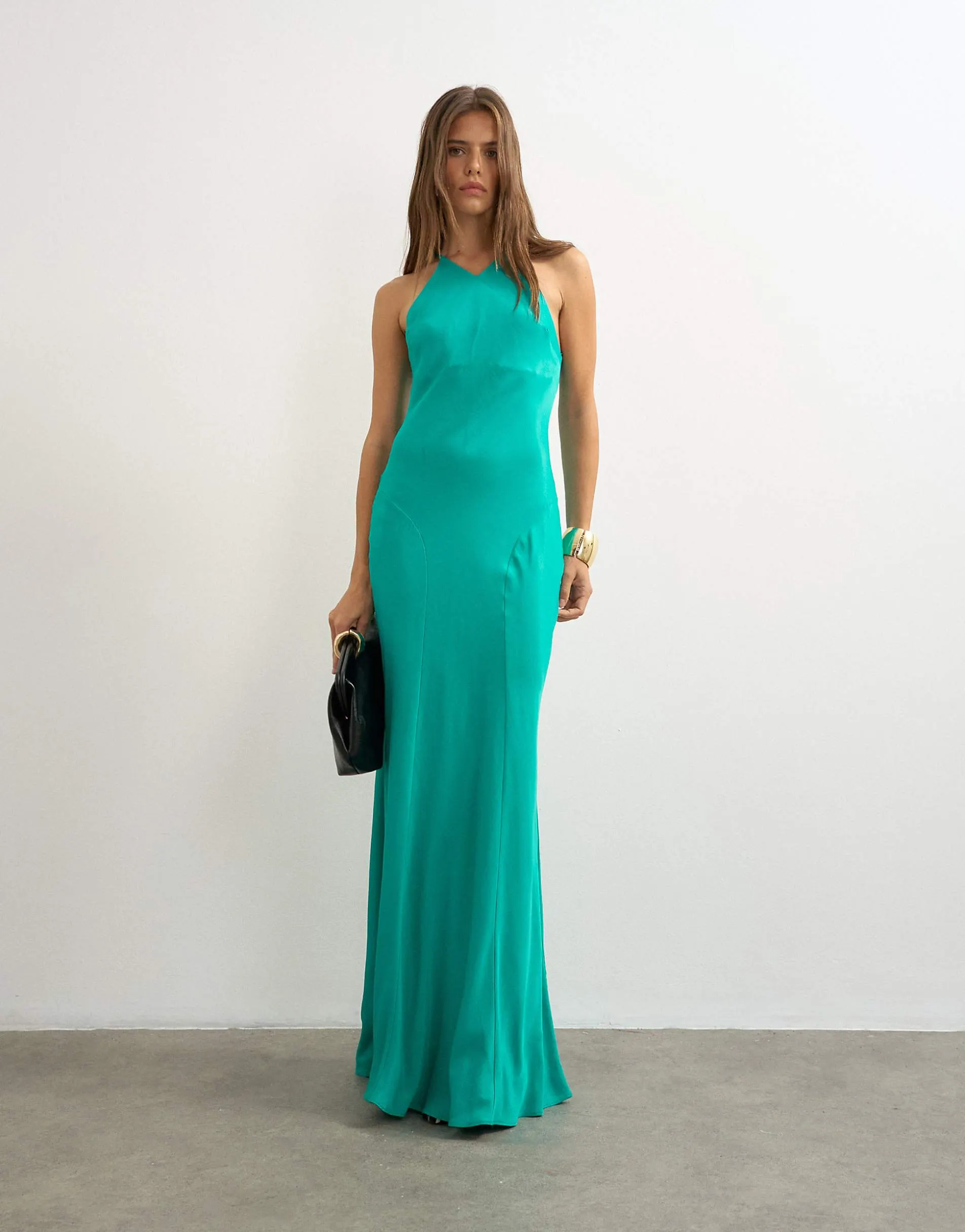 Topshop satin cut away racer neck full skirt maxi dress in green