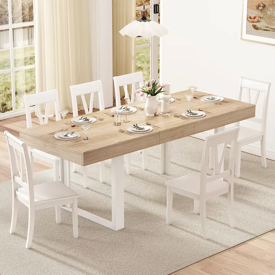 63"-78.7" Expandable Dining Table, 6-10 Extendable Dining Table, Rectangle Conference Table, Farmhouse Kitchen Table with Slide Track, Tapered U-Shaped Wood Legs for Office, Living Room-Oak