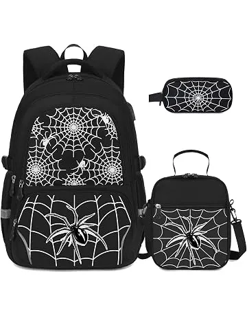 FIXITOK 3PCS Boys Backpack Set, Cool Luminous Spider School Backpack for Boys with Lunch Bag & Pencil Case, Kids Bookbag Teen Boys for Kindergarten Elementary Middle School