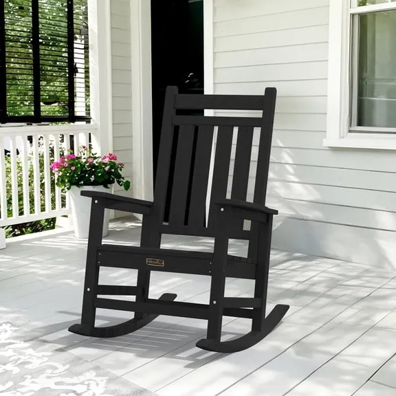 SERWALL Oversized Outdoor Rocking Chair, All-Weather HDPE Patio Rocker with Wide Armrests for Porch, Patio & Lawn, Black