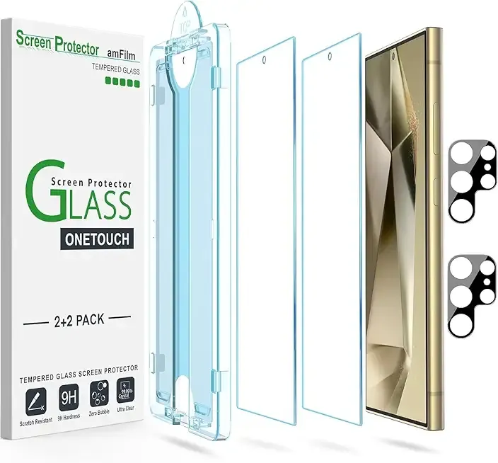 amFilm Auto-Alignment OneTouch for Samsung Galaxy S24 Ultra 6.8'' Screen Protector + Camera Lens Protector, Tempered Glass, 30 seconds Installation, Bubble Free, Case Friendly, Anti-Scratch [2+2 Pack]