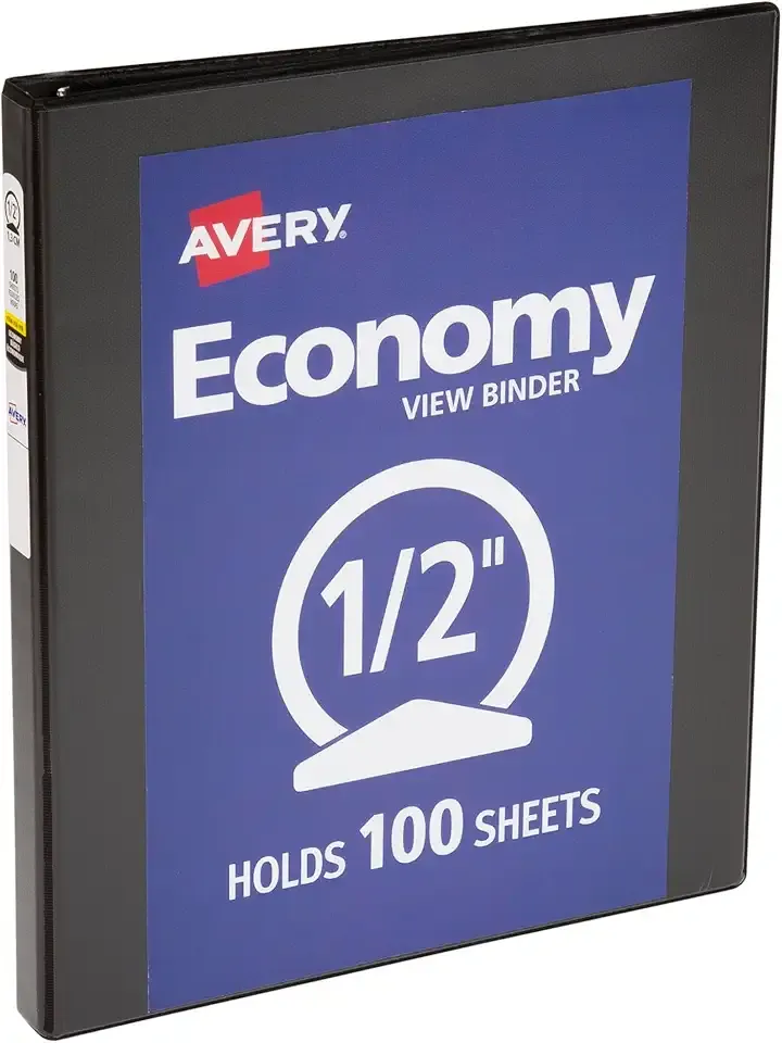 Avery Economy View 3 Ring Binder, 0.5" Round Rings, 100-Sheet Capacity, 0.7 Inch Wide Spine, Great for Home, School Supplies, Office, or Organization Needs, 1 Black Binder (05751)