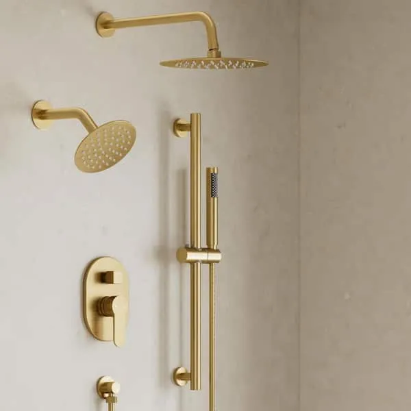 YAWWALK 3-​Spray Wall Mounted 10 and 6 in.​ Dual Shower Head and Handheld Shower with 22.​3 in.​ Slide Bar and Valve in Brushed Gold
