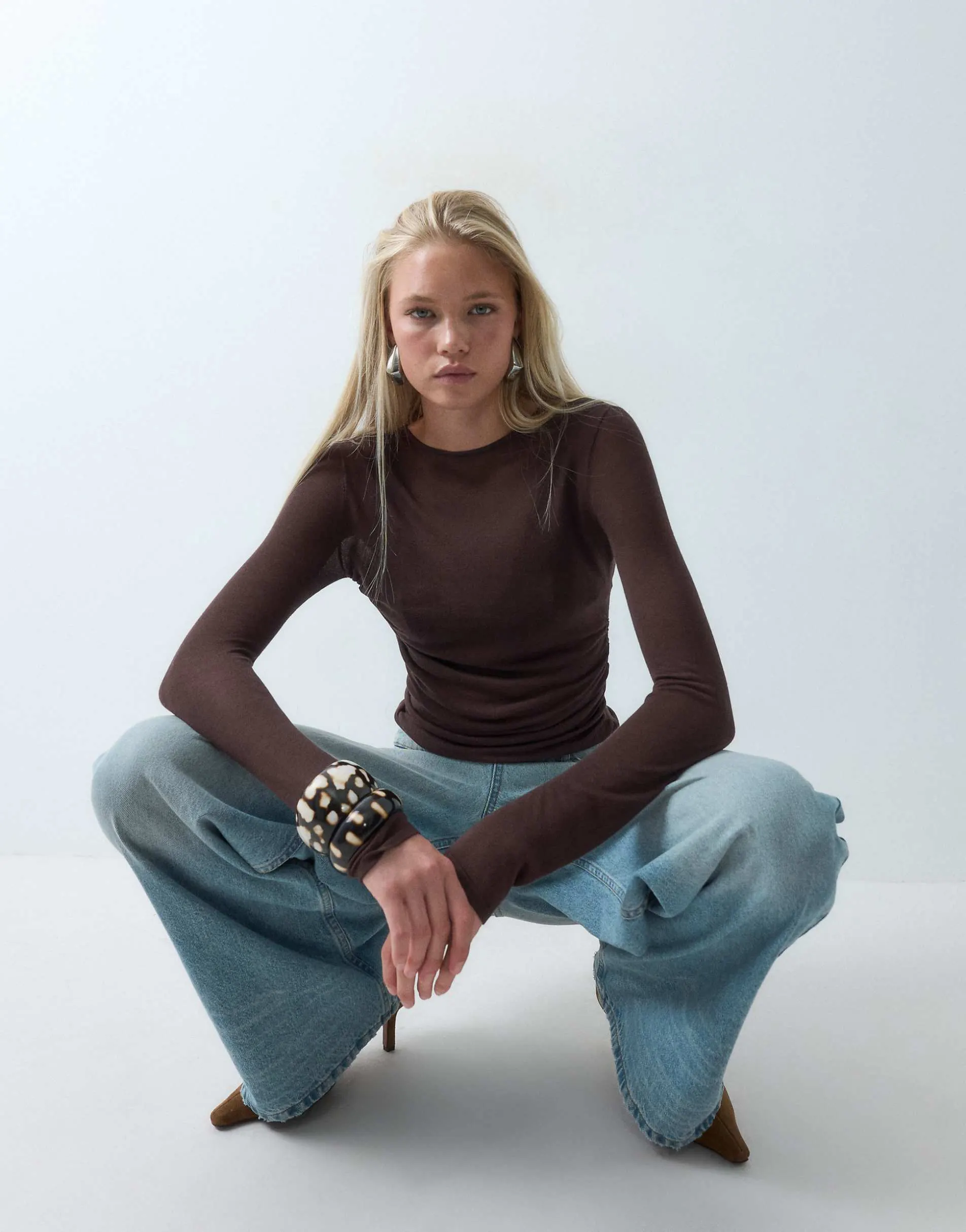 ASOS DESIGN sheer knitted soft touch ruched side top in chocolate