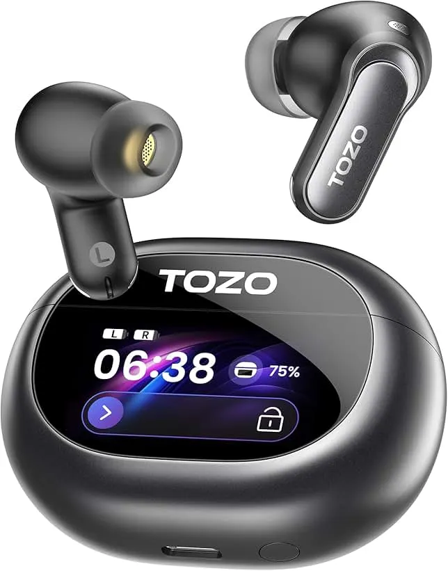 TOZO NC20 Pro Active Noise Cancelling Wireless Earbuds with Smart Touch Screen, LDAC Hi-Res Audio, Stereo Bass, 6 Mics AI Call Ear Buds, 80H Playtime, IPX8 Waterproof, 32 EQ via App, Wireless Charging