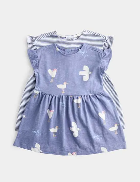 2er-Pack Kleider aus reiner Baumwolle mit Vogel- und Streifenmuster (0–3 Jahre)