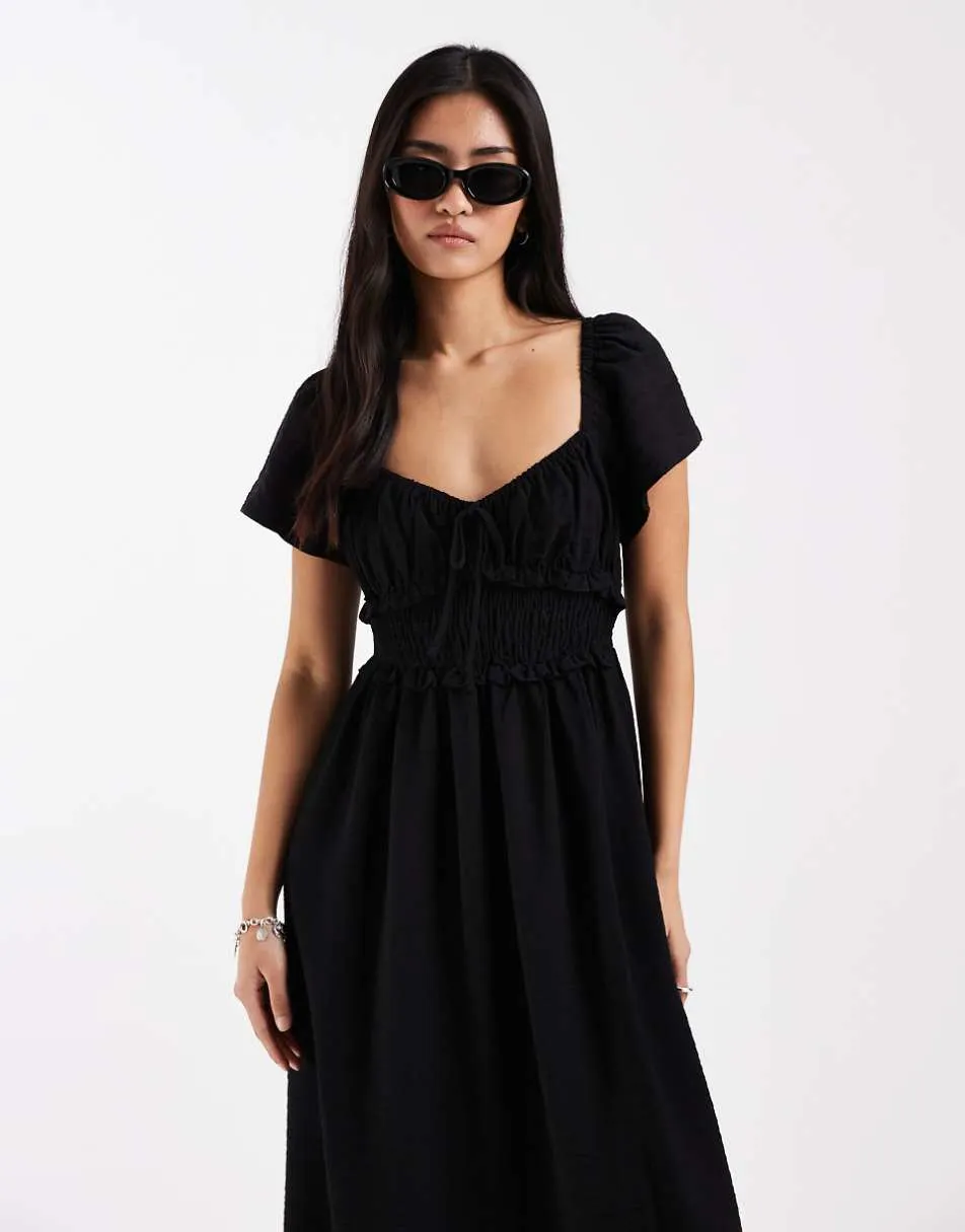New Look shirred detail midi dress in black