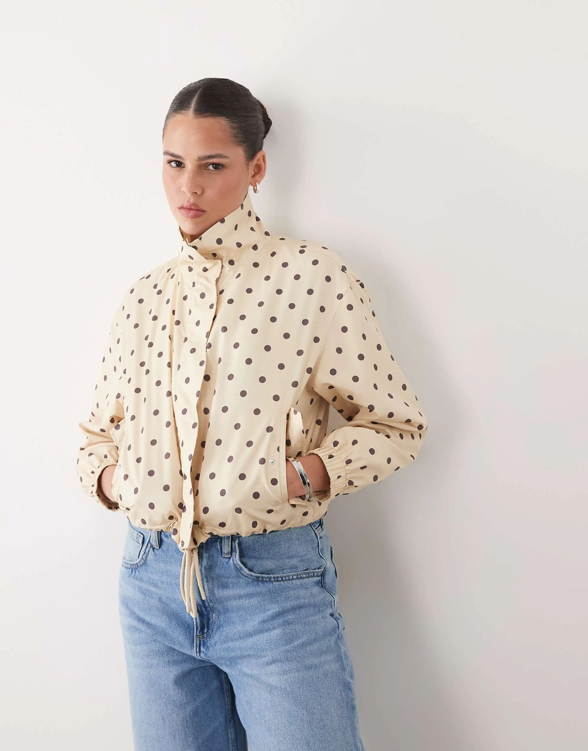 Miss Selfridge scallop detail rain jacket in choc polka dot