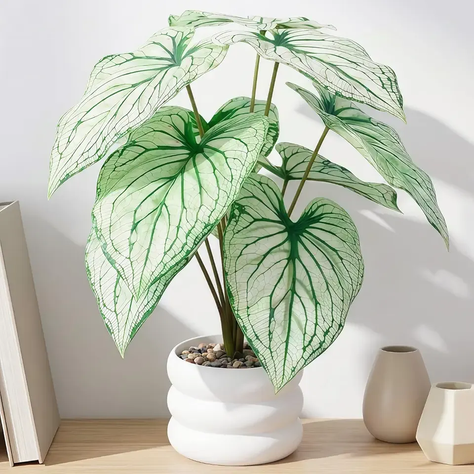 Faux Caladium Bicolor Plants in White Pot, 15.7" Tall Fake Alocasia Potted Set for Home Decor Hyper Artificial Realistic Plants for Indoor & Outdoor Decor (White & Green)