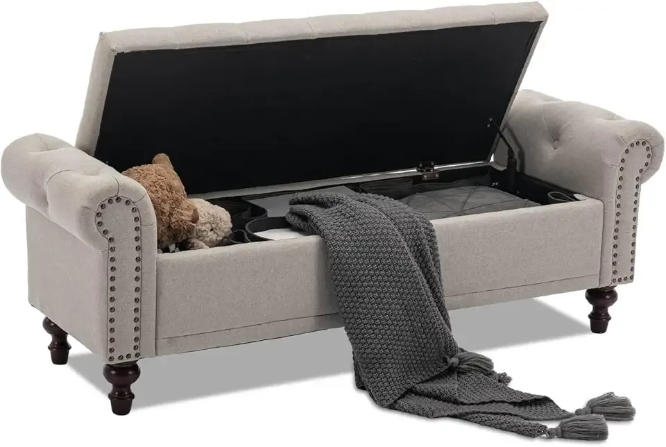 58.1" Storage Bench Upholstered Linen End of Bedroom Bed Bench Ottoman with Tufted Cushioned Rolled Arm Large Storage Space for Reading Living Room Entryway, Light Brown