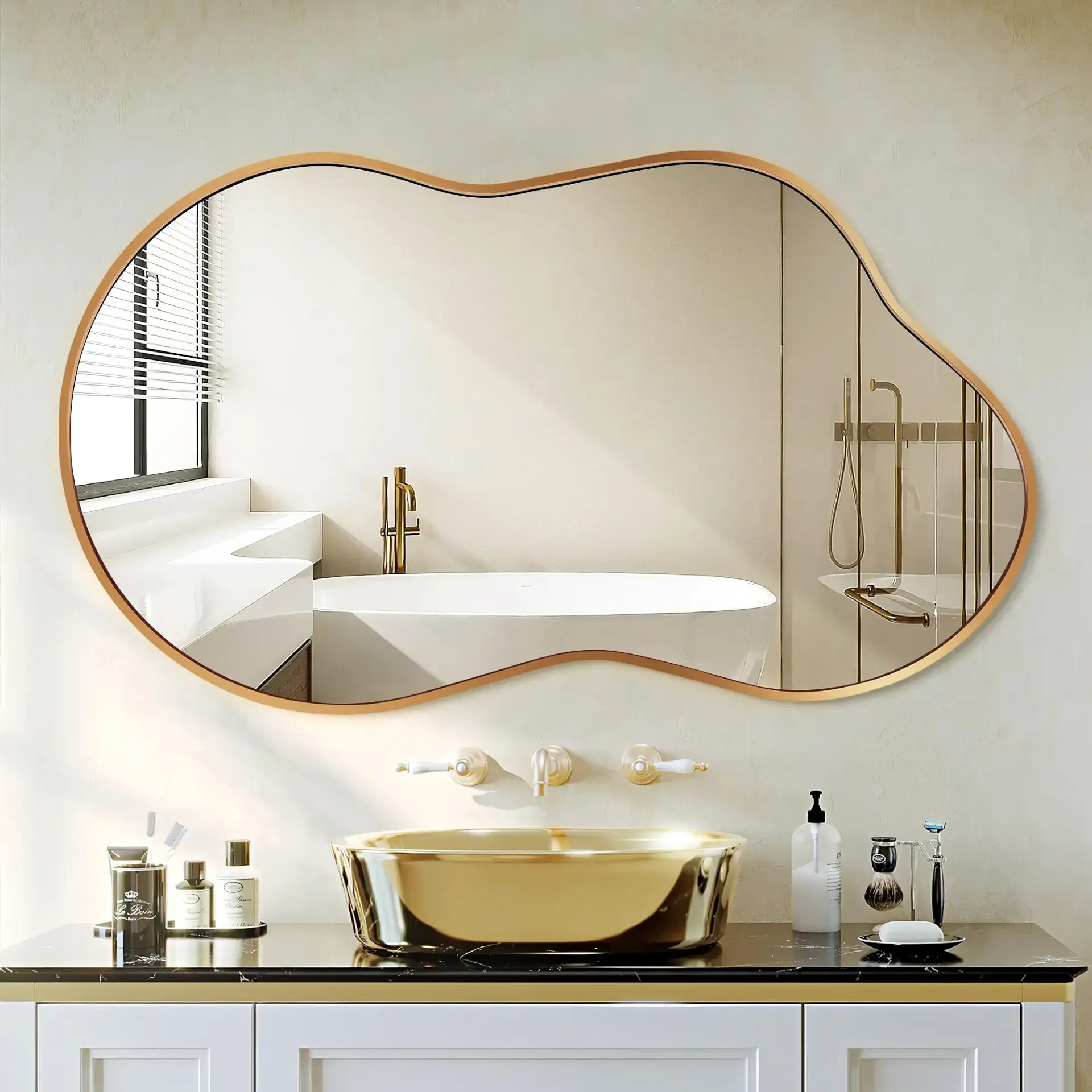 Irregular Wall Mirror - Wall Mirrors Decorative 20"x36" Gold Asymmetrical Mirror Tempered Glass Aviation Aluminum Alloy Frame for Bathroom, Bedroom, Living Room, Cloakroom, Entryway