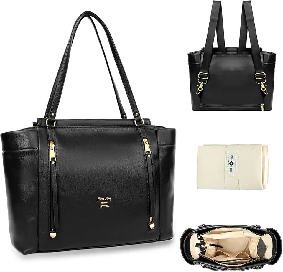 miss fong Diaper Bag Tote Leather Diaper Bag Backpack,Large Capacity Mommy Bag Hospital Bag,12 Pockets Travel Diaper Tote with Changing Pad,Stroller Straps & Insulated Pockets for Mom & Dad-Black