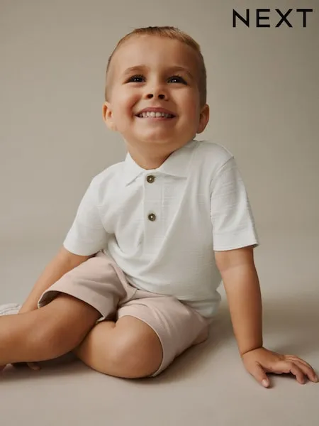 White Short Sleeve Textured Polo Shirt and Shorts Set (3mths-7yrs)