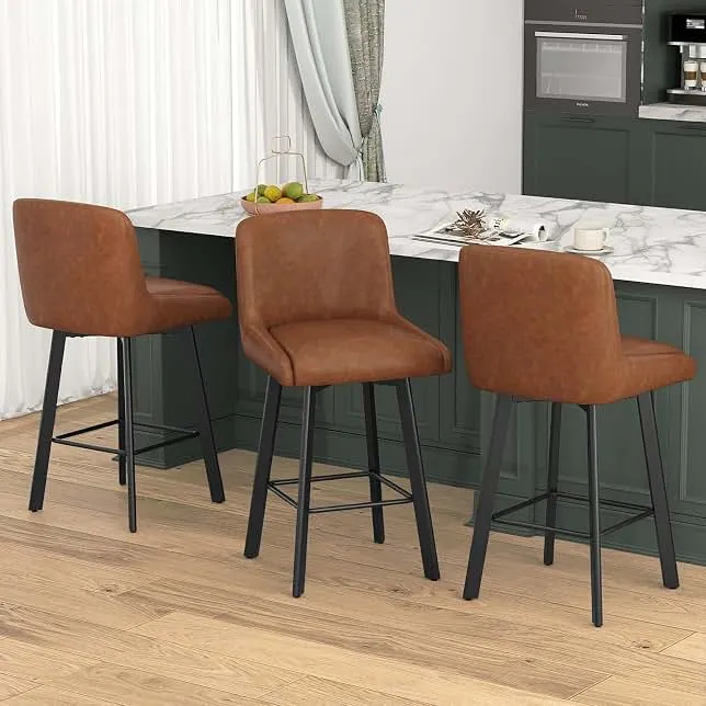SAECKBERG Swivel Bar Stools Set of 3, 26''H Upholstered Barstools with Backs, Modern Counter Height Bar Stool Chairs for Kitchen Island, Met…