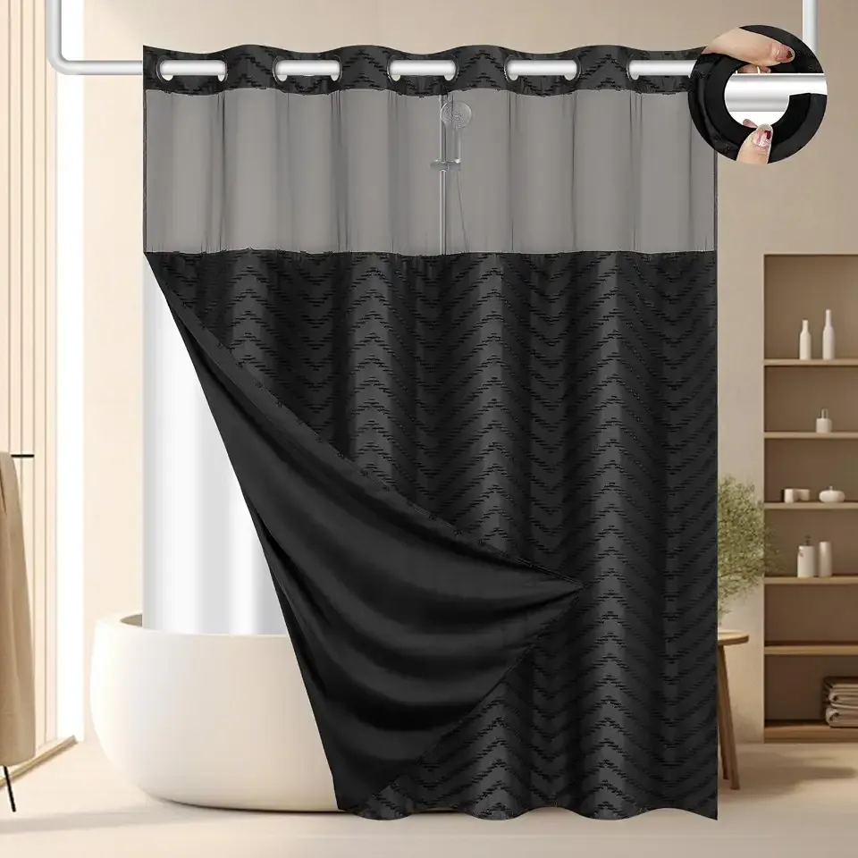 FADOTY Black No Hook Shower Curtain Set with Snap in Liner, 71'' x 74'' | Bathroom Hotel Fabric Curtain, Waterproof Washable Liner, See Through Top Window, Ringless Chevron Tufted Cloth Curtain