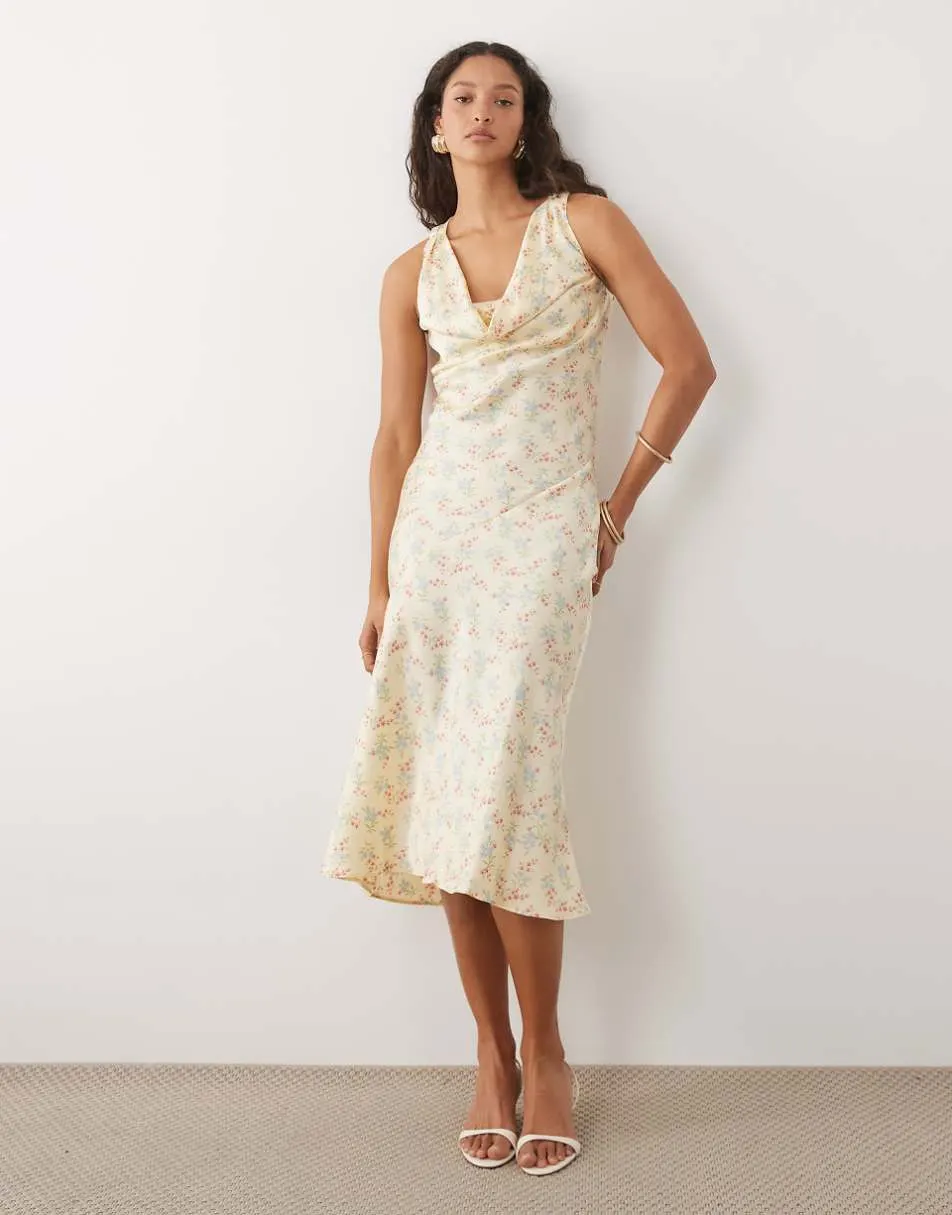 New Look ditsy cowl neck satin midi dress in yellow