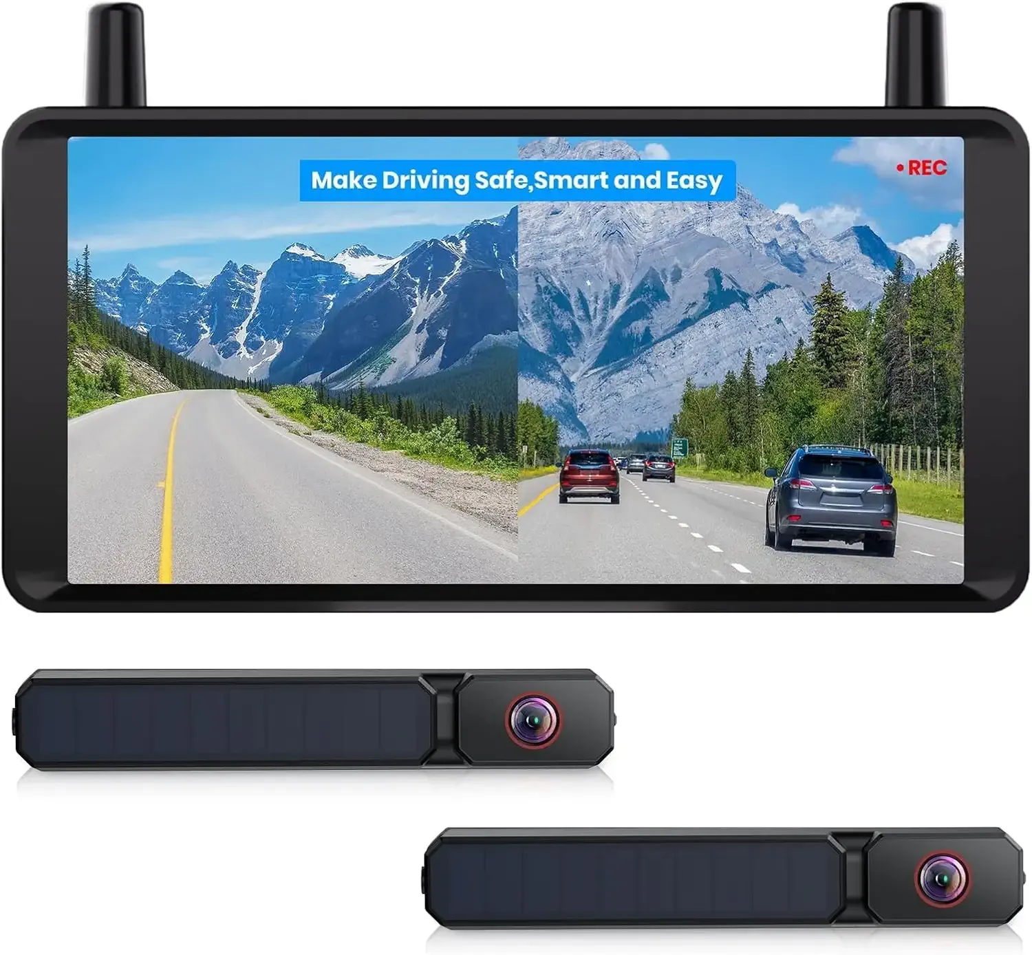 AUTO-VOX 2 Solar Wireless Backup Camera: 6‘’ 16:9 HD Monitor with Dual Antenna Strong Signal, Split Screen View for Balanced Dual Views, DVR Recording Back Up Camera for Car, SUV, Truck, Trailer