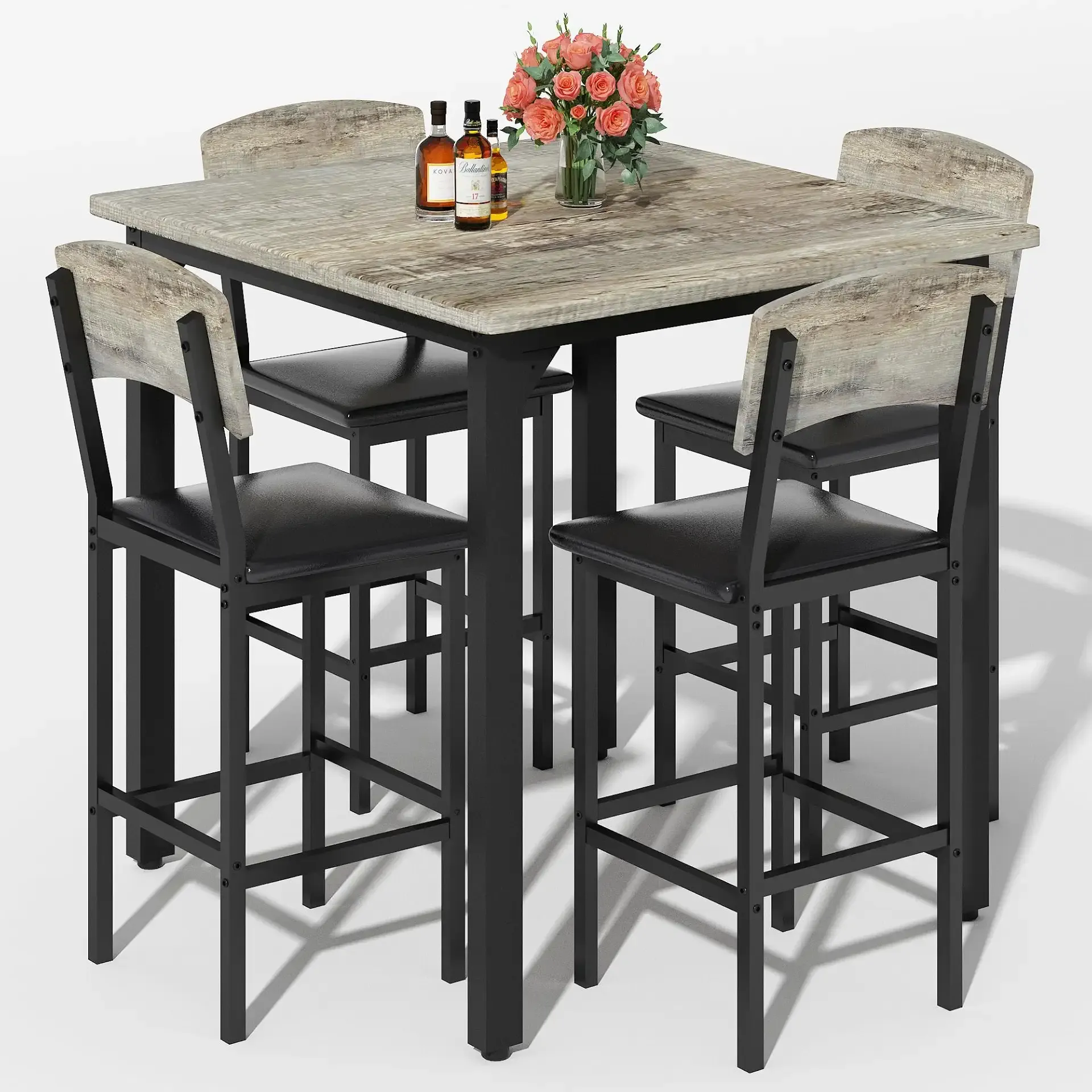 AWQM 5-Piece Dining Table Set, Dining Table Set for 4, Counter Height Table & 4 Bar Stools, Modern Kitchen Dining Set, with Upholstered Chairs, Compact Dining Set for Small Spaces, Gray