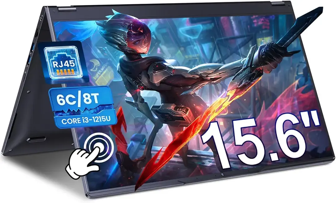 Convertible Laptop 15.6 inch, 2 in 1 Touchscreen Laptop Computer with i3-1215U Processor(6C/8T, Up to 4.4GHz), 16GB RAM, 1024GB SSD, WiFi 6, BT5.2, RJ45, 57.75WH, for Home Business Student