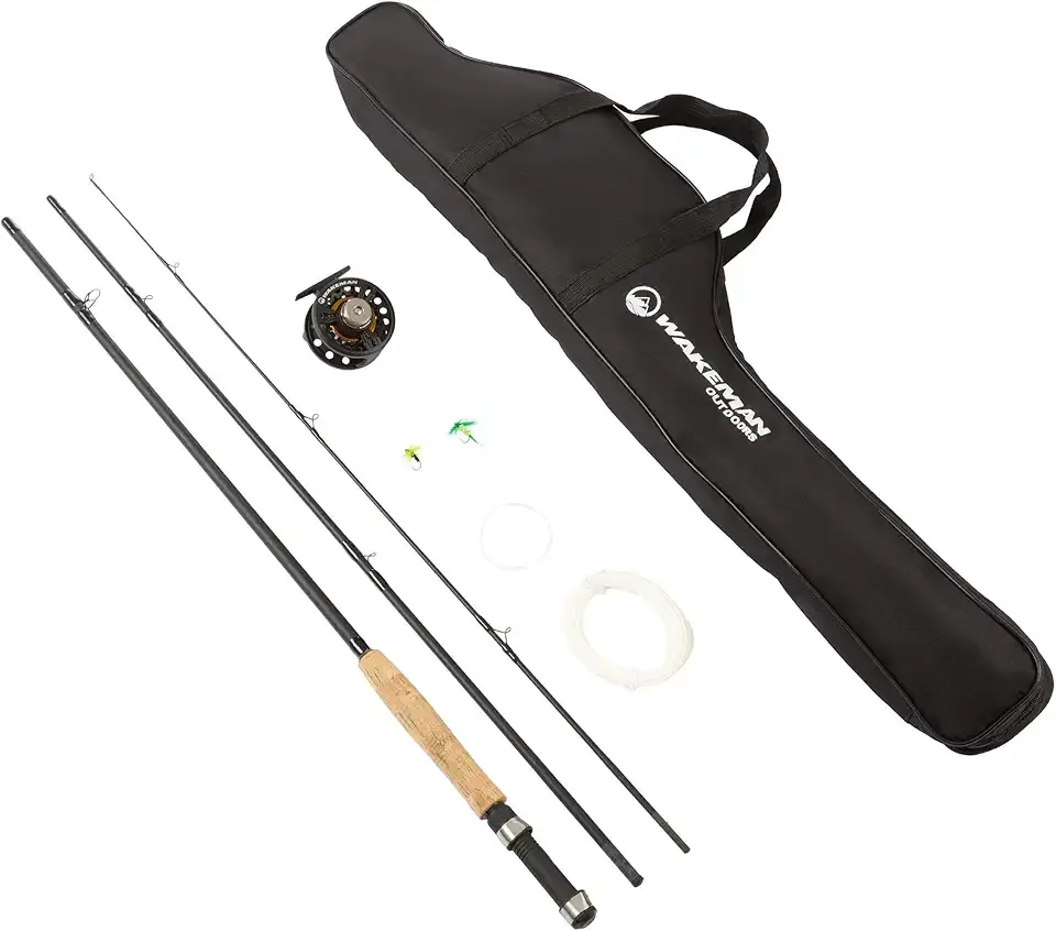 Fly Fishing Rod and Reel Combo - Including Carrying Case, Flies, and Fishing Line - Charter Series Gear and Accessories by Wakeman (Black)