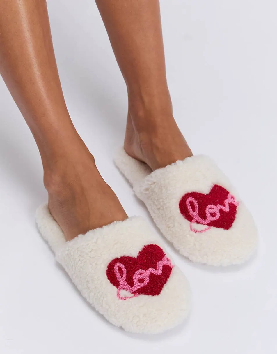 Boux Avenue Love borg mule slippers comfy soft fleece closed toe sliders in ivory mix