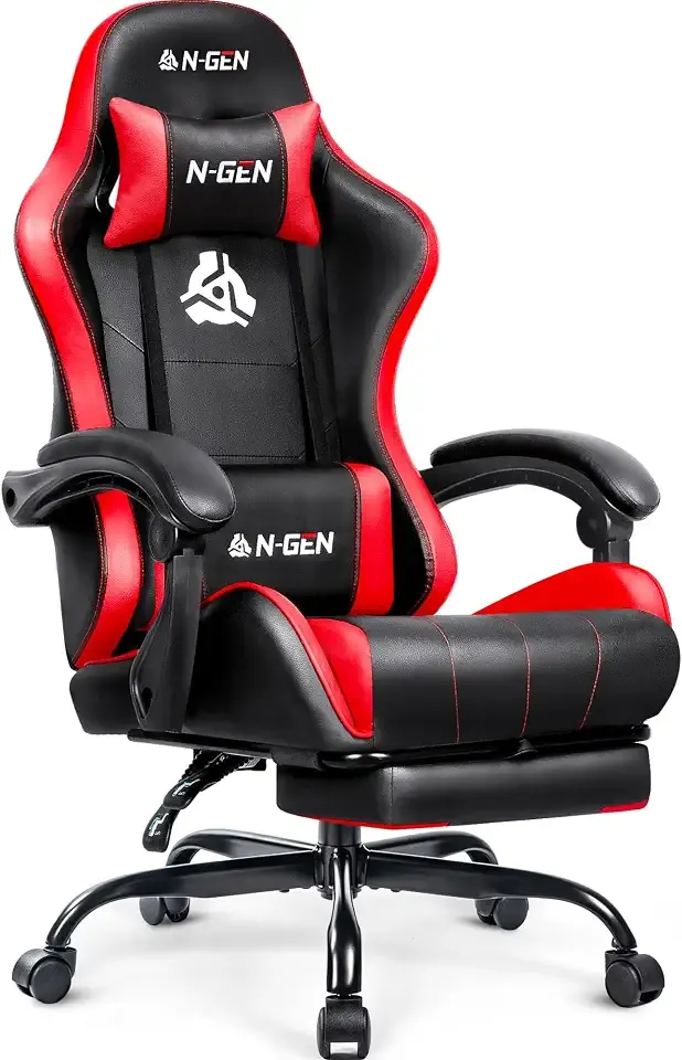 N-GEN GAMING Gaming Chair with Footrest, Lumbar, High-Back, Red Black