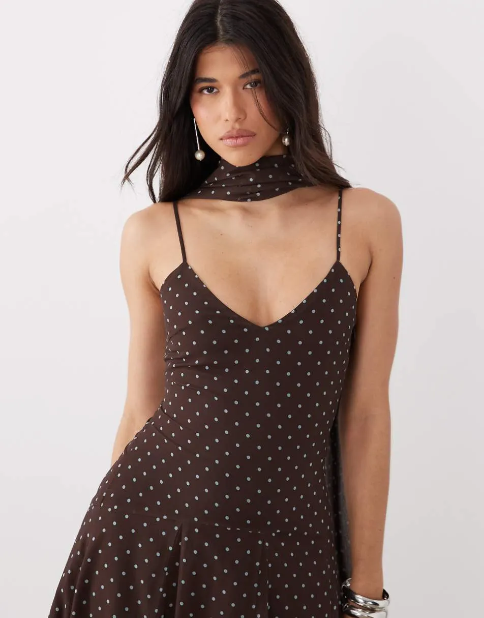 4th & Reckless scarf detail cami chiffon maxi dress in chocolate and blue polka dot