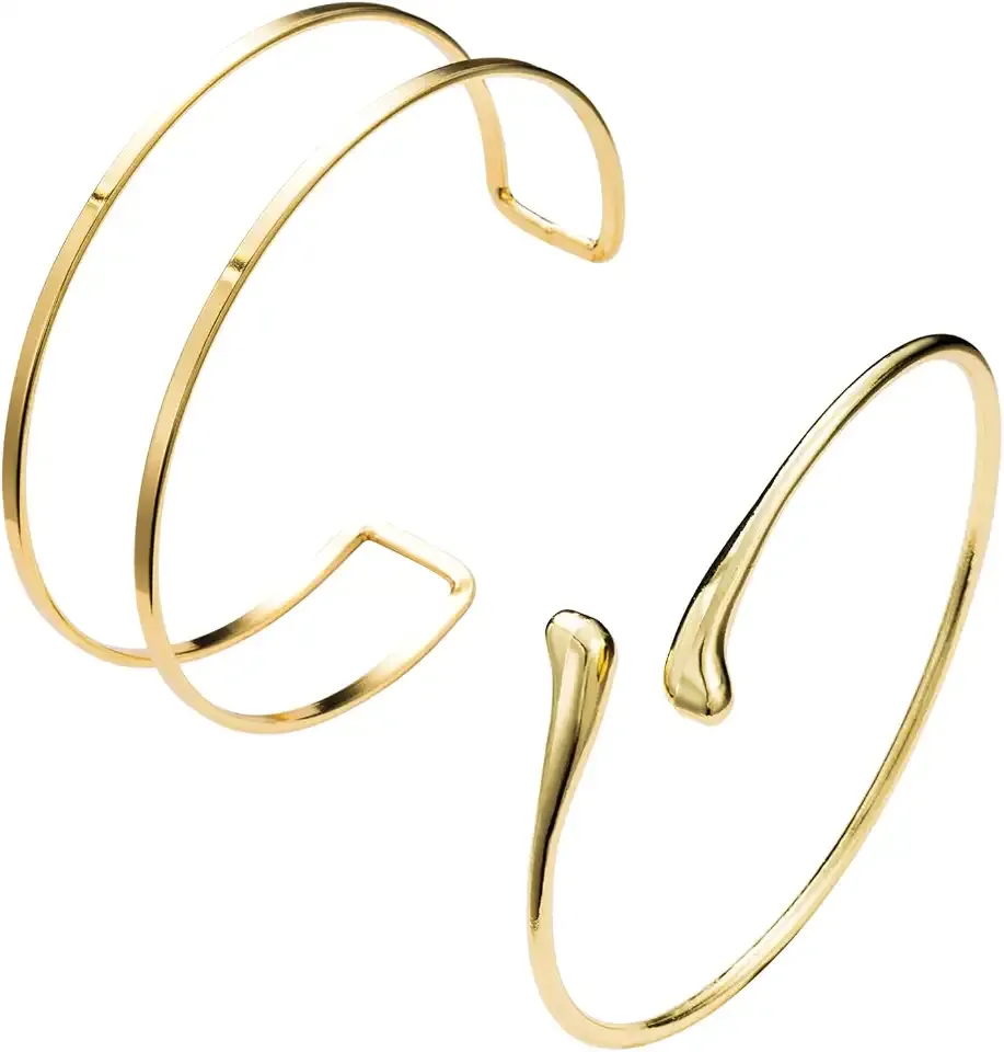 2Pcs Gold Arm Cuff Jewelry for Women Upper Arm Bracelet Bangle Open Adjustable Cuff Bracelet Minimalist Armband Stackable Jewelry for Summer Beach