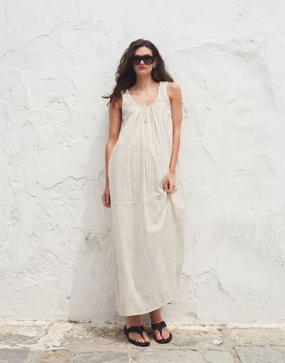 ASOS DESIGN poplin scoop ruched neck maxi sundress in mono stripe print