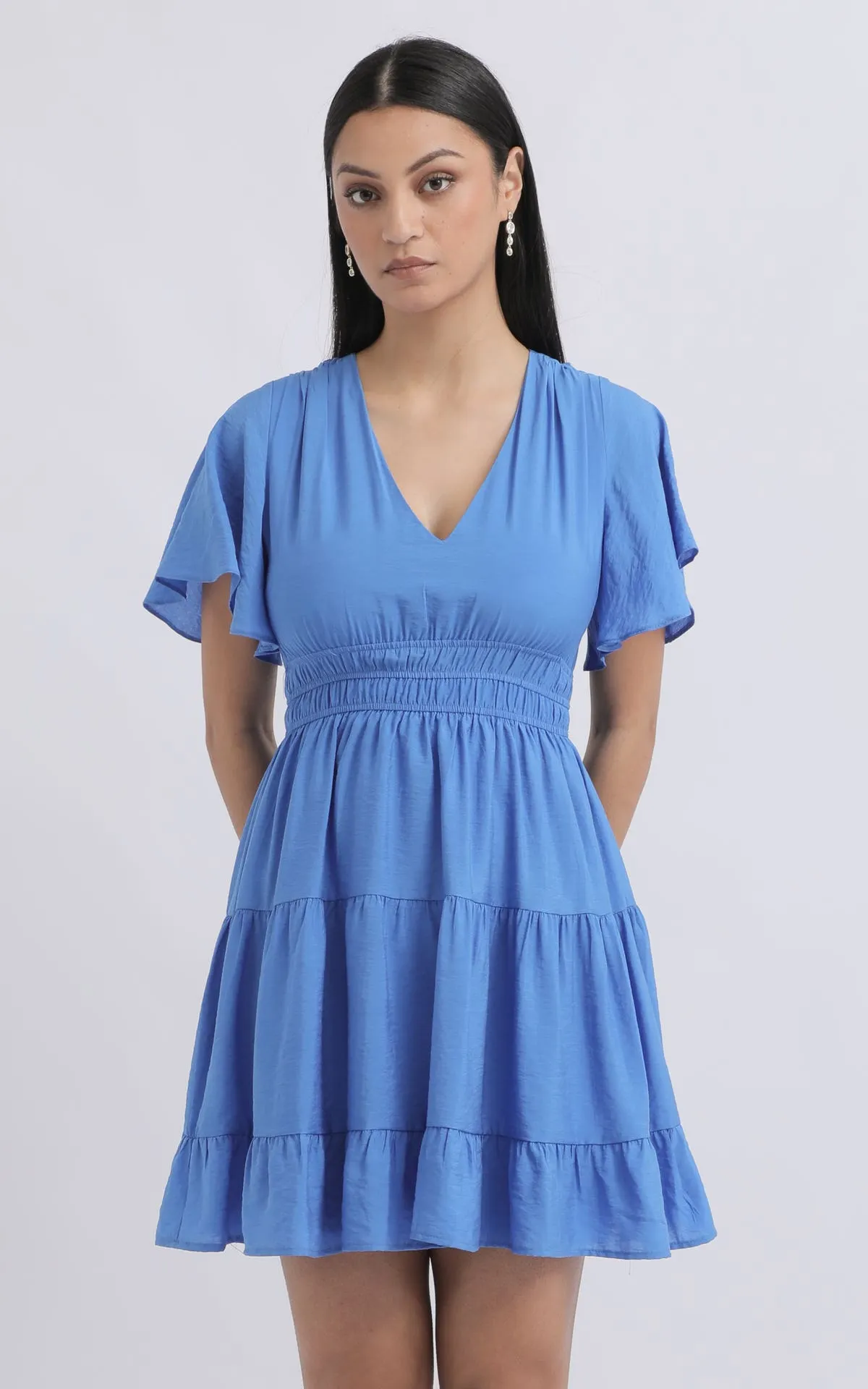 Voile Flutter Sleeve Short Tier Dress