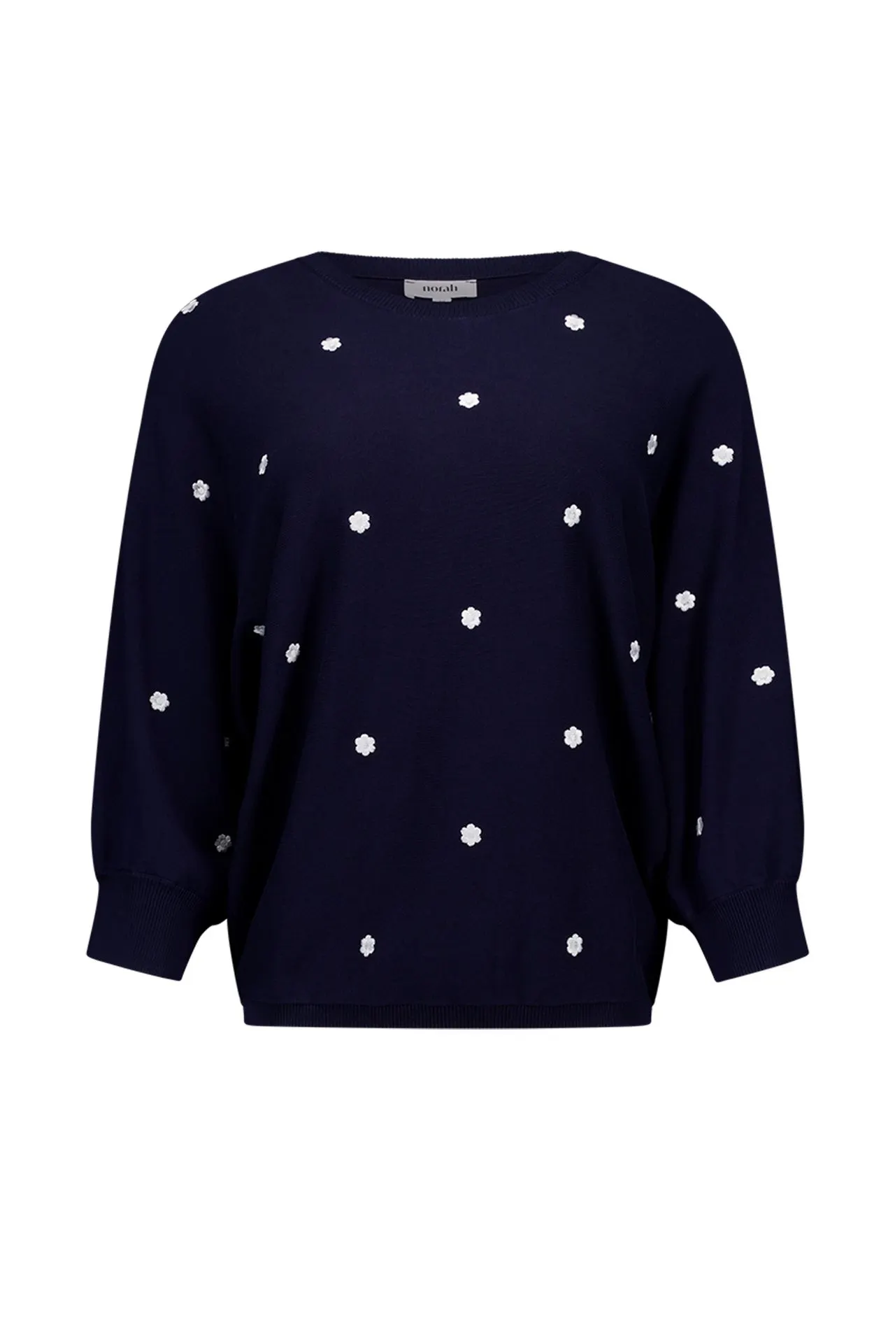 Fijngebreide donkerblauwe trui met bloemen