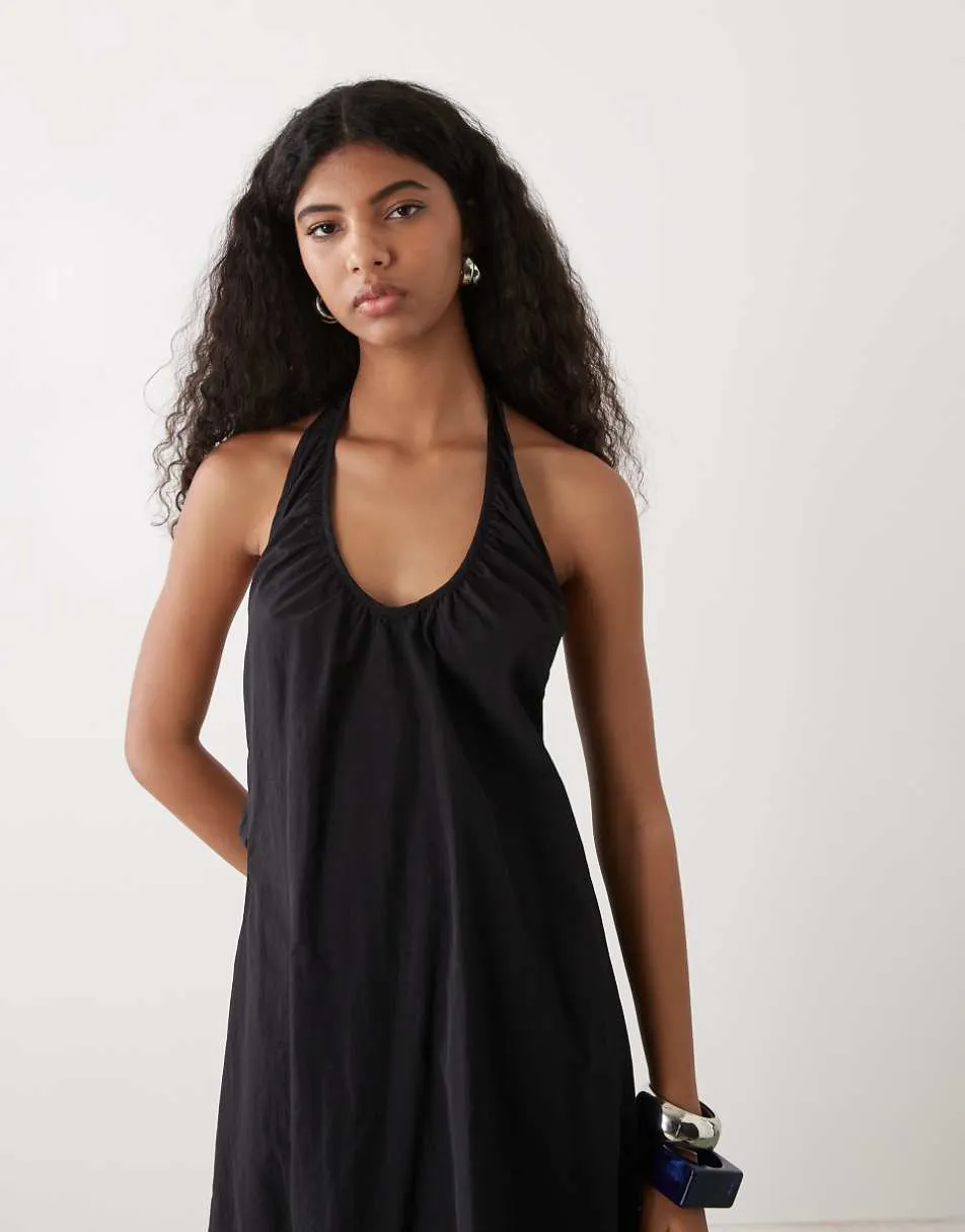 COLLUSION nylon ruched volume halter midi dress in black