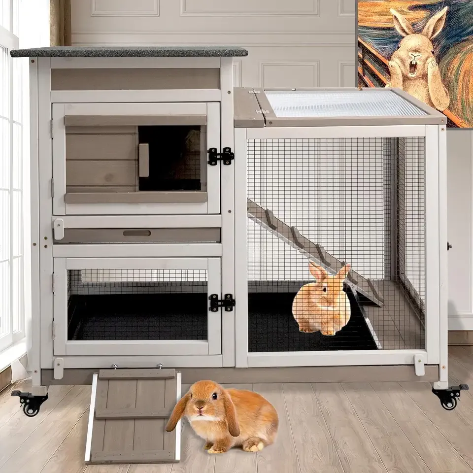 PetsCosset Rabbit Hutch Indoor 40" L Large 2 Story Outdoor Wooden Bunny Hutch with Run, 4 Metal Wheels & 2 Deeper Trays, UV-Proof Panel Rabbit Cage Guinea Pig Pet House for Small-Medium Animals