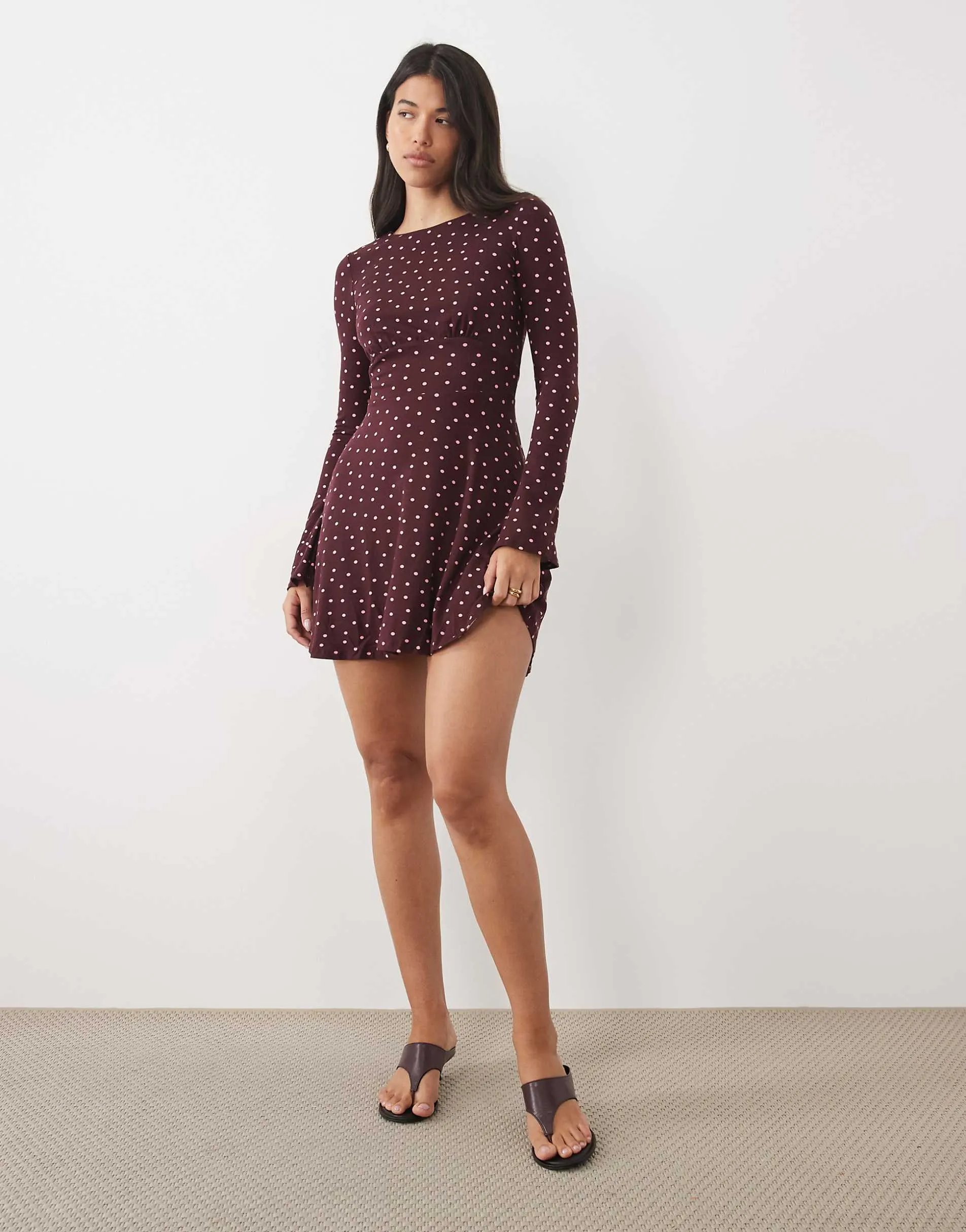 Nobody's Child Tate stretch slash neck fluted sleeve mini skater dress in purple polka dot