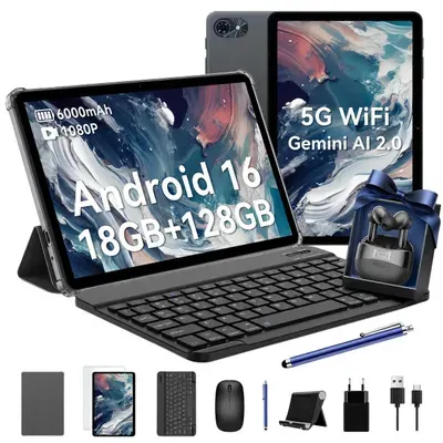 T80 (incl. Kopfhörer) Android 16 Tablet 10", 6GB RAM + 128GB ROM, 5G WiFi, Gemini Al,6000mAh. Perfekt für Gaming mit Dual-Kamera, BT5.0, O1TG&Type-C.