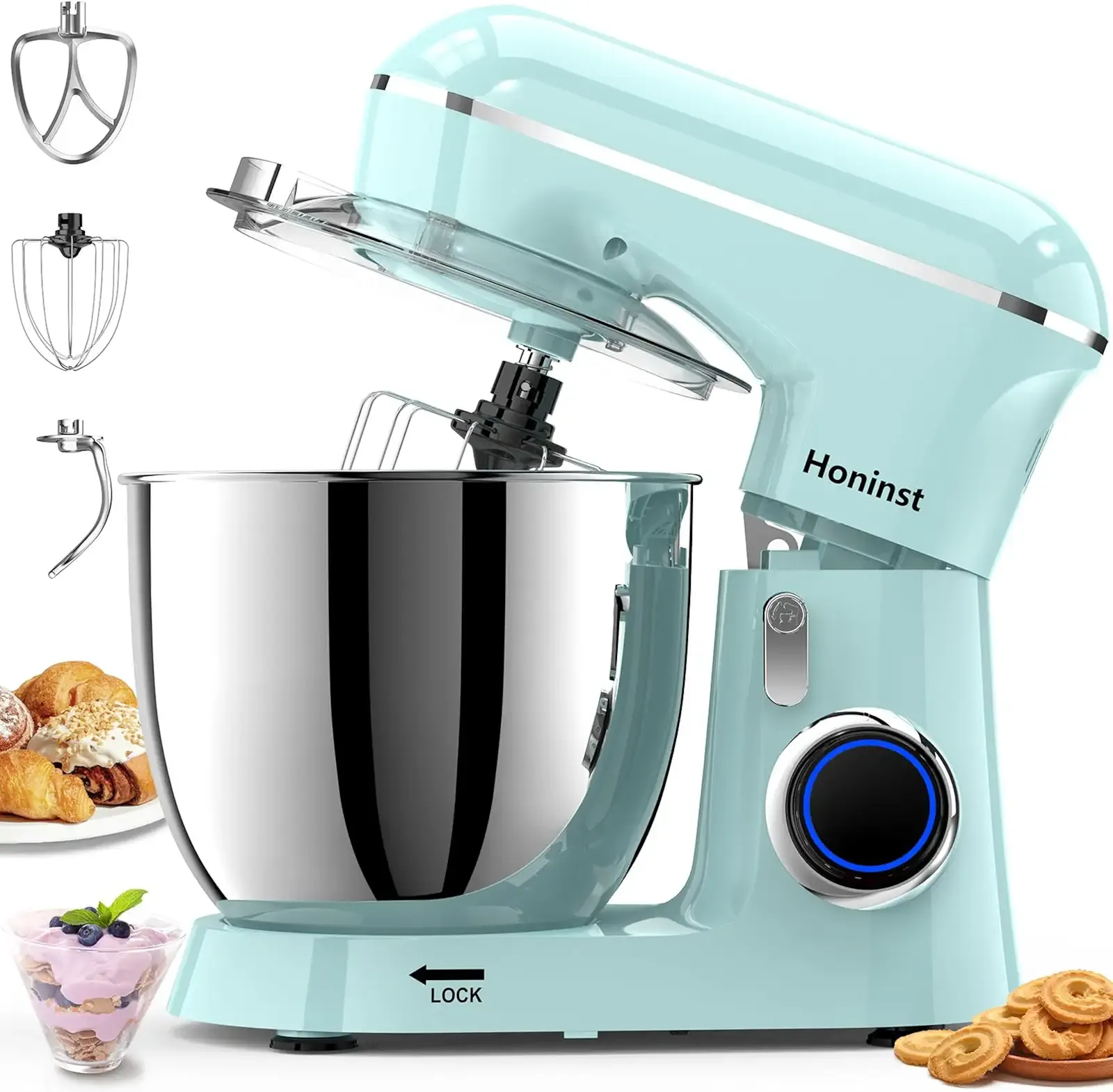 Honinst Stand Mixer, 6.5QT 10-Speed Tilt-Head Electric Stand Mixer, 3-In-1 Kitchen Mixer with Bowl, Dough Hook, Whisk and Beater, Food Mixer for Baking, Cake and Most Home Cooks, Blue