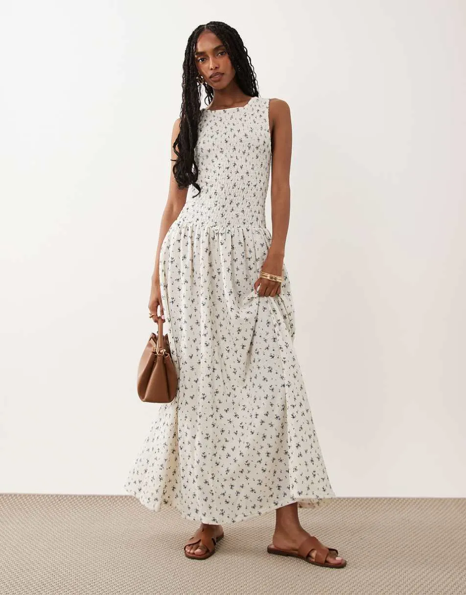 Brave Soul drop waist maxi racer dress with shirred bodice in white floral print