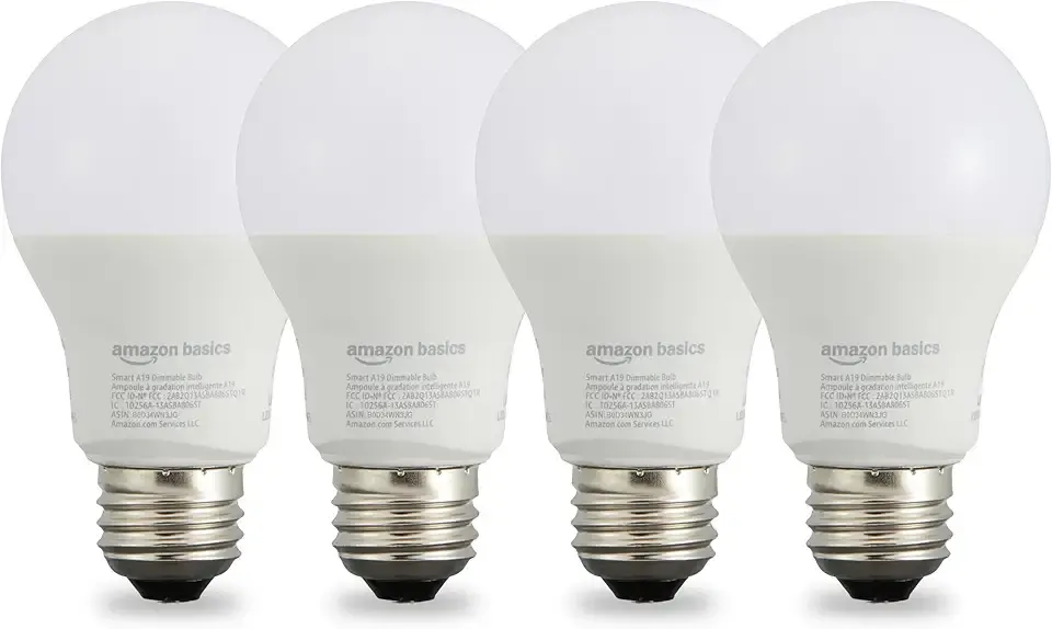 Amazon Basics Smart A19 LED Light Bulb, Dimmable Soft White (2700K), 9W (60W Equivalent), 800LM, Works with Alexa Only, 2.4 GHz Wi-Fi, No Hub Required, 4 Pack
