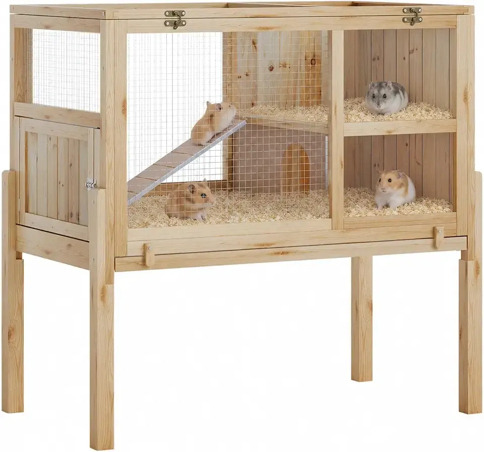 Wooden Guinea Pig Cage Indoor with Stand, 38" 2-Story Rabbit Hutch w/Ramp & Hideout, Clear Vision, Leak-Proof Pull-Out Tray, Lockable Door, Bunny Hamster Habitat Wood Color