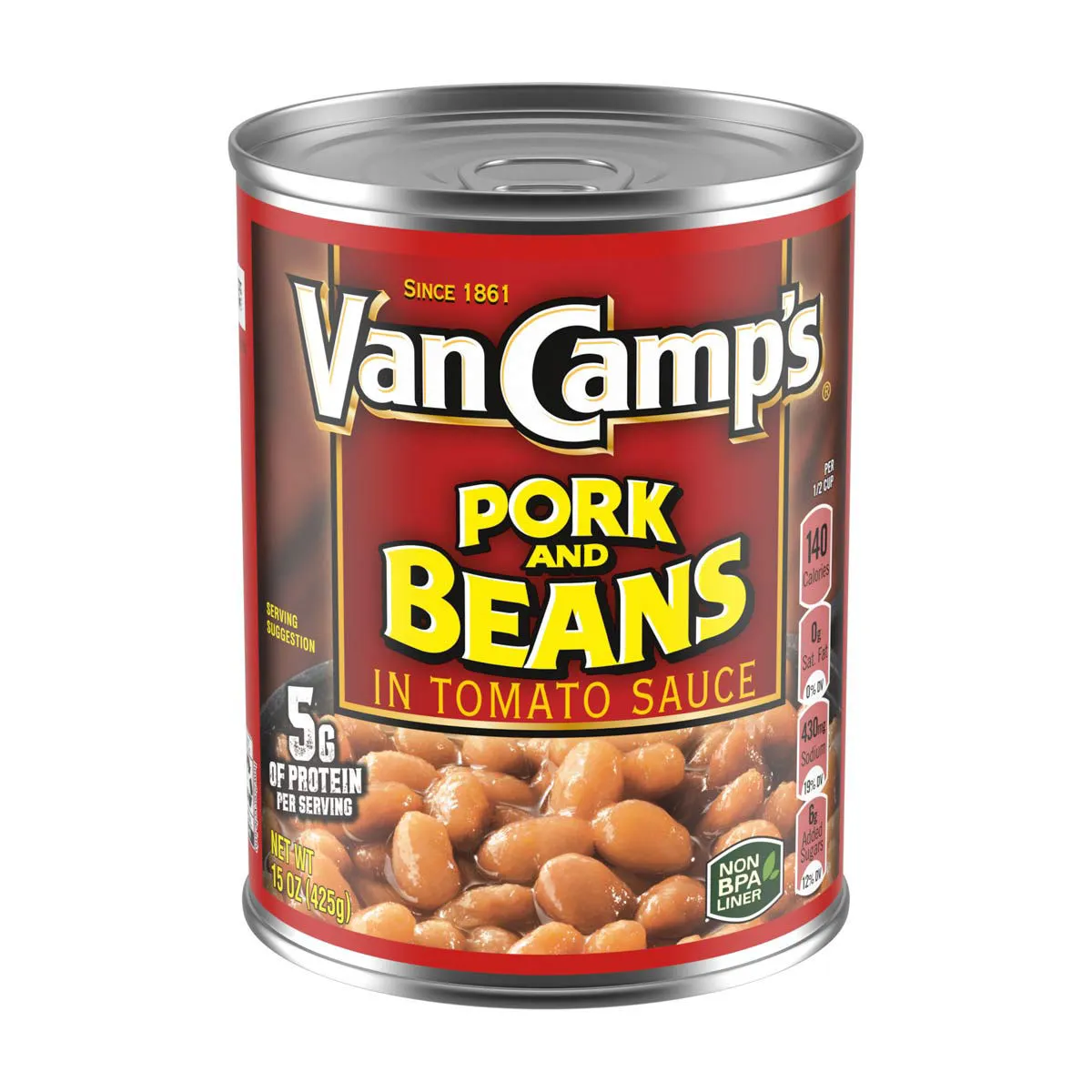Van Camp's Pork And Beans In Tomato Sauce, 5g Protein Per Serving, Canned Beans, 15 oz. Can