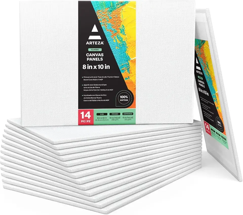 ARTEZA Canvas Panels, 8 x 10 in, Pack of 14, 100% Cotton Pre-Primed Canvas Boards for Acrylic, Oil, Gouache, Tempera, Pouring Paint, Crafts, and Mixed Media