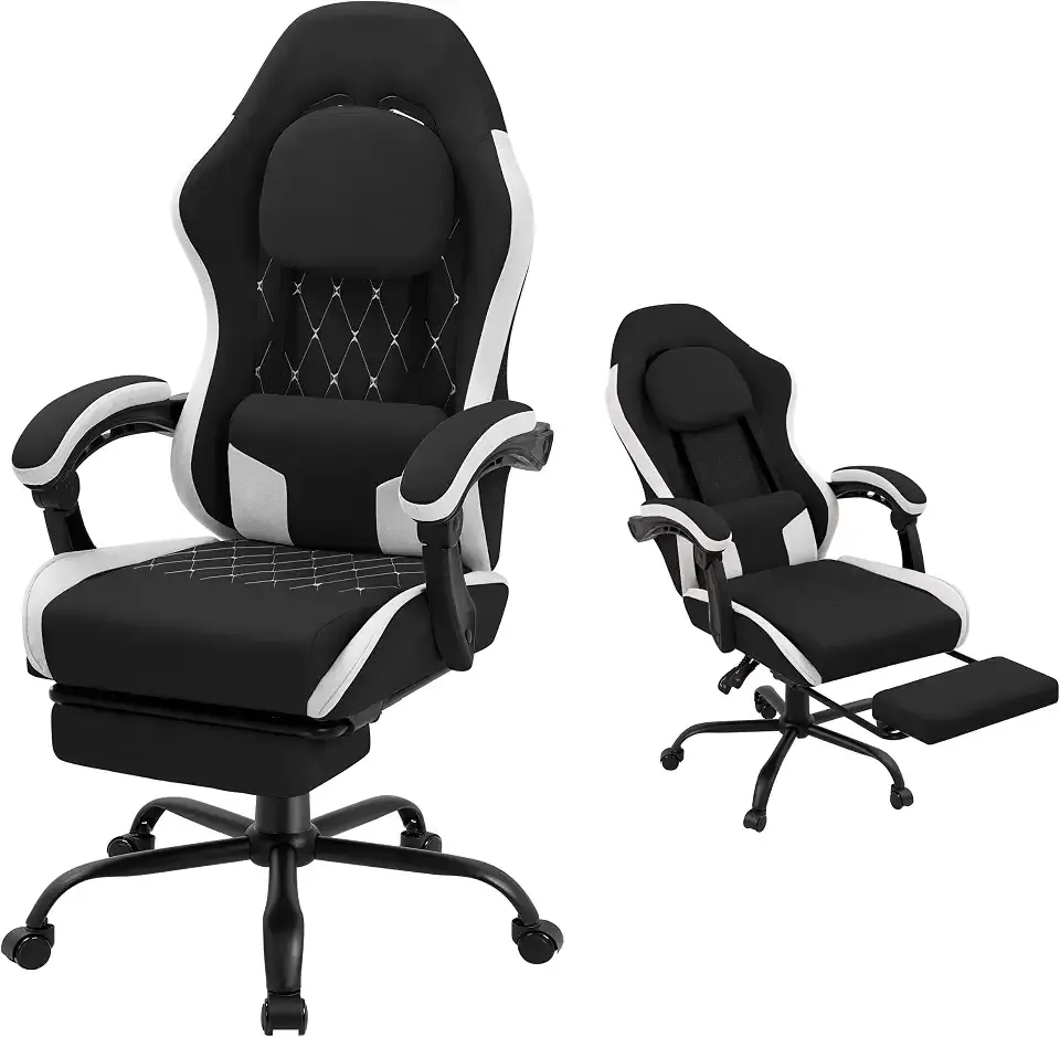 Gaming Chair for Adults, Fabric Gaming Chair with Footrest and Pocket Spring Cushion, Ergonomic Gamer Chair with Lumbar Support, Reclining Computer Gaming Chair with High Back, Black