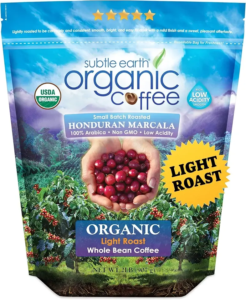 2LB Subtle Earth Organic Coffee - Light Roast - Whole Bean Coffee - 100% Arabica Beans - Low Acidity and Non-GMO - 2lb bag