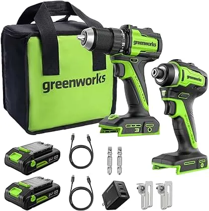 Greenworks 24V Cordless Brushless 400 in-lbs Drill/Driver+1950 in-lbs Impact Driver Combo,High Torque, Lightweight, (2) 2.0Ah USB-C Batteries(12,000mAh Power Bank) and 65W USB-C Fast Charger(3-Port) Greenworks 24V Cordless Brushless 400 in-lbs Drill/Driv…