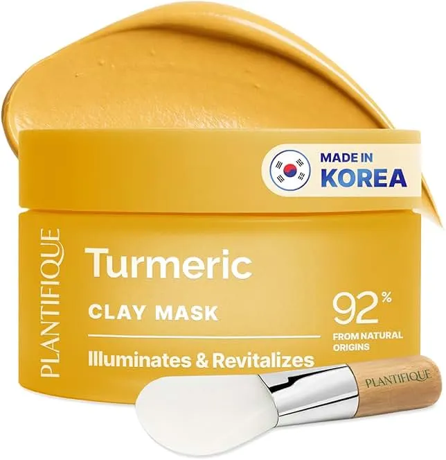 PLANTIFIQUE Korean Turmeric Clay Mask for Dark Spots - Calms, Refines Pores | Hydrating Face Masks with Vitamin C, Kaolin & Bentonite, Aloe Vera - Mascarilla de Arcilla, Includes Spatula, 3.88oz