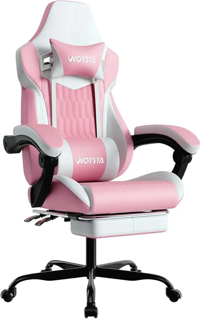 WOTSTA Gaming Chair with Footrest, High Back Gaming Chairs PVC Leather Ergonomic Gamer Chair with Adjustable Headrest Lumbar Suppo…