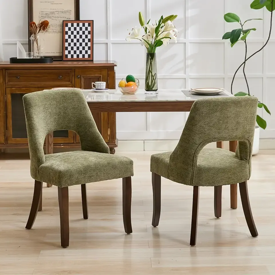 UVV Wooden Dining Chairs Set of 2, Mid Century Modern Chenille Upholstered Dining Room Chair Kitchen Chairs, Farmhouse Dinner Chair with Solid Wood Legs for Kitchen Dining Room, Green