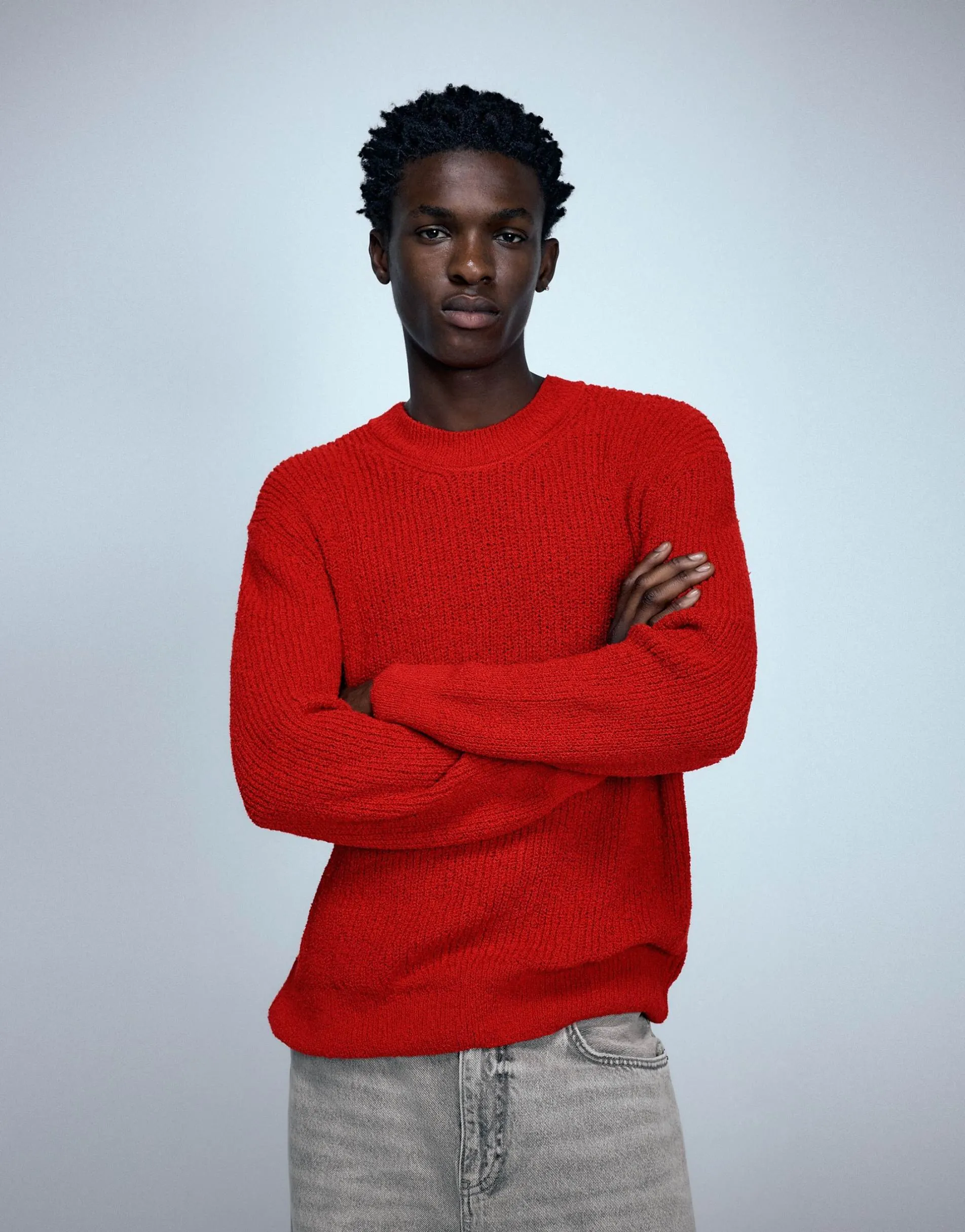 Pull&Bear Basic bouclé knit jumper in red