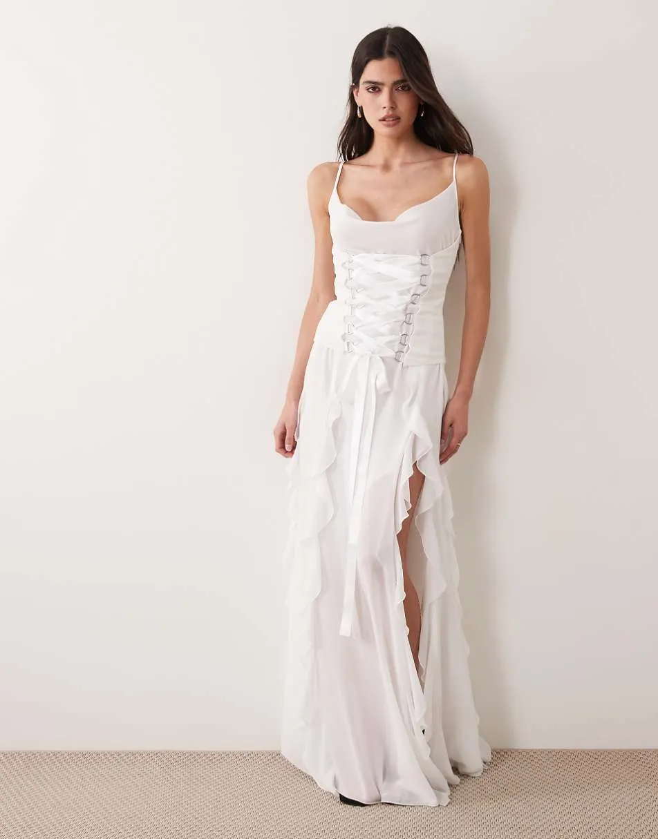 I.AM.GIA Marlette 2.0 chiffon corset lace up ruffle detail maxi dress in white
